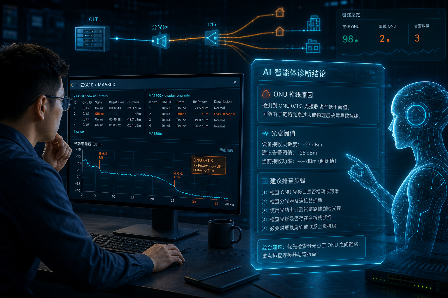 自然语言提问与专业设备诊断面板的对接示意